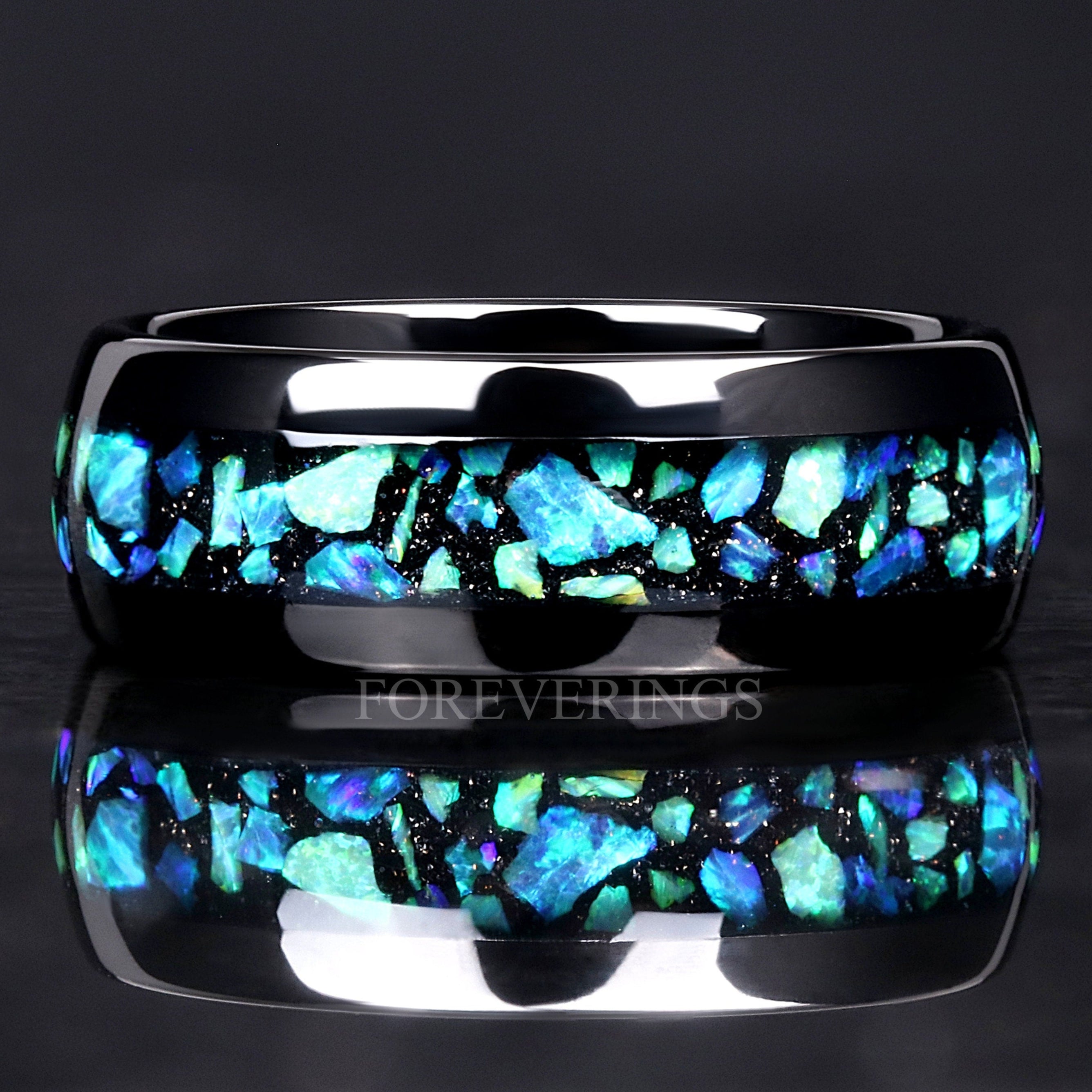 Green Opal Ring Men, Nebula Wedding Band, Black Tungsten Ring, Polish, Dome, Promise Ring for Him, Man Engagement, Fire Opal Ring, Engraving