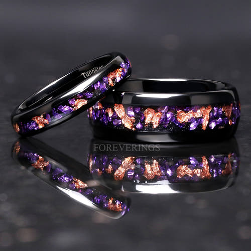 Matching black tungsten couples ring set with amethyst and rose gold foil inlay, 8mm and 4mm