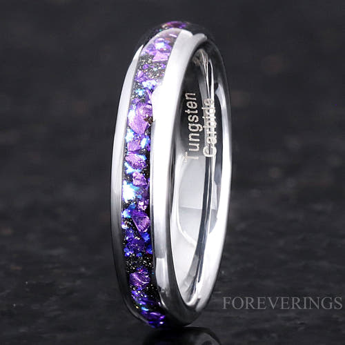 4mm silver tungsten ring with crushed alexandrite inlay, standing, angled to show the interior