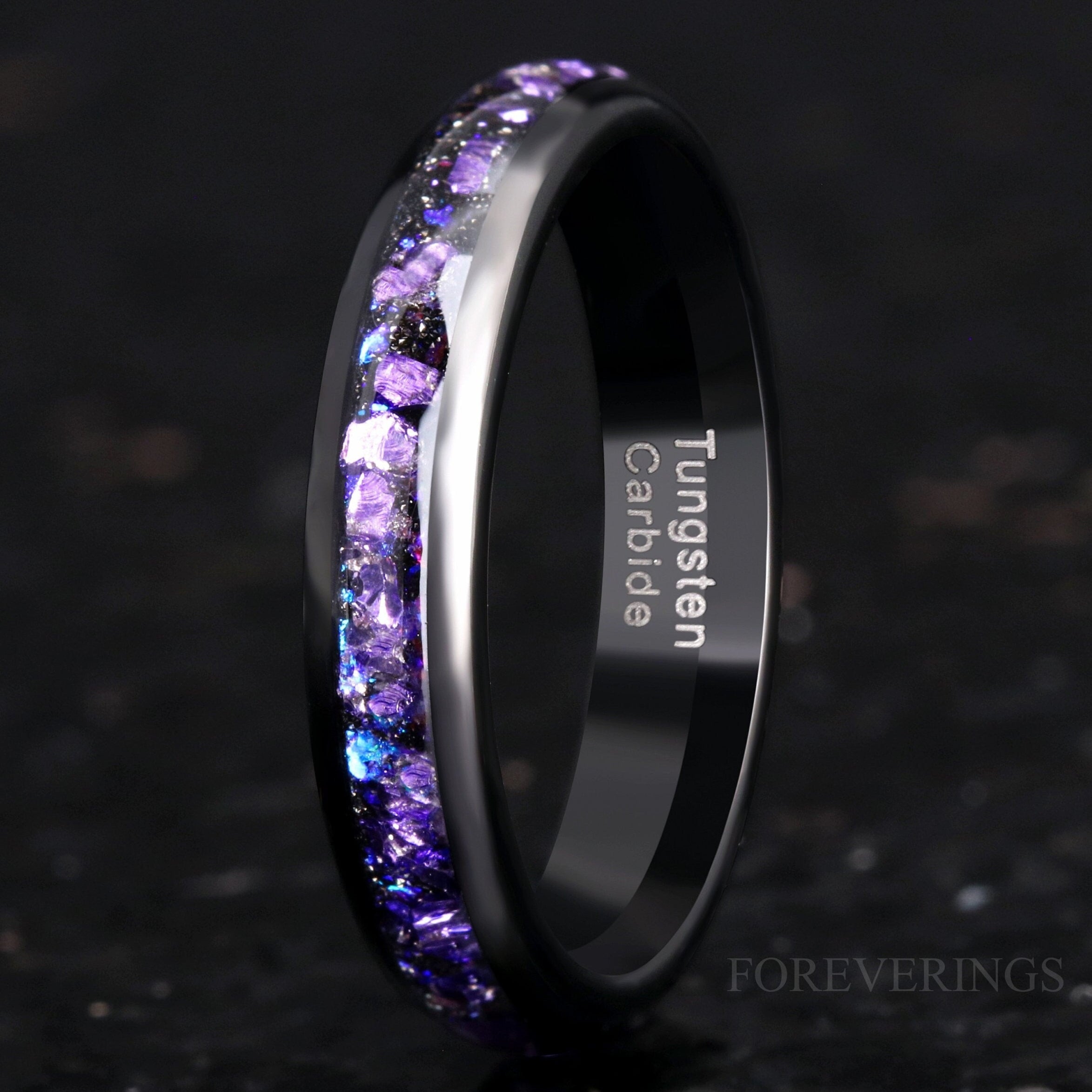 Crab Nebula Ring, 4mm Tungsten Wedding Band, Alexandrite Outer Space Ring, Women Men Ring, Black Ring, Dome, Polish, Comfort Fit