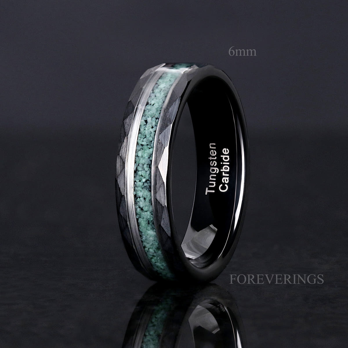 6mm matte black hammered tungsten ring with green moss agate inlay, standing upright