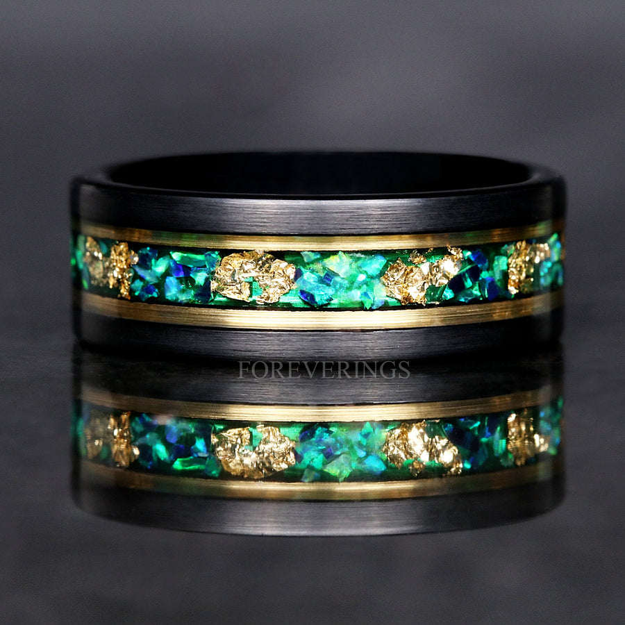 Green Opal Gold Leaf | Black & Gold Mens Tungsten Wedding Band