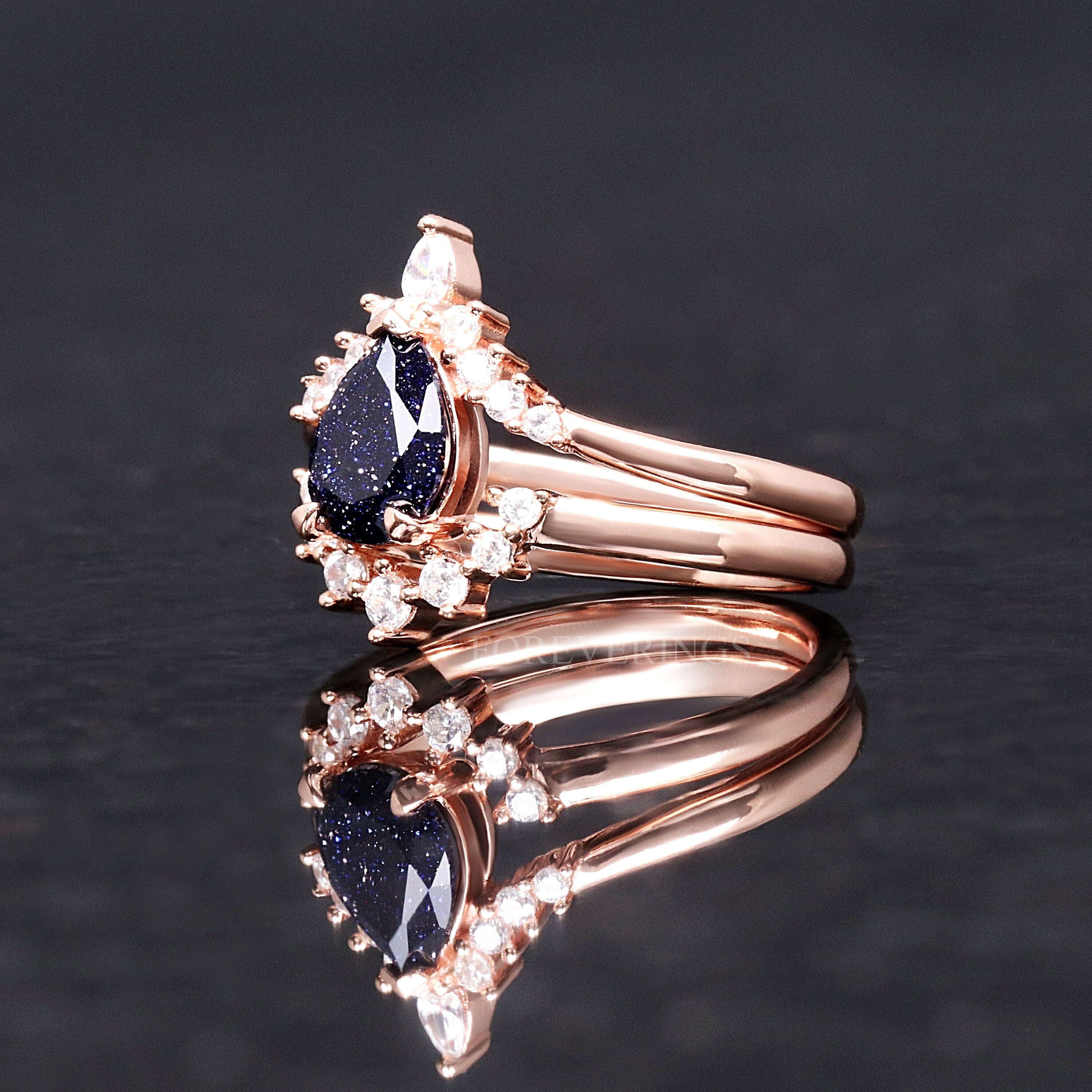 Starry Night Engagement Ring Set, Blue Sandstone Galaxy Ring, Rift Nebula Ring, Sterling Silver Rose Gold Wedding Band, Unique Women’s Ring
