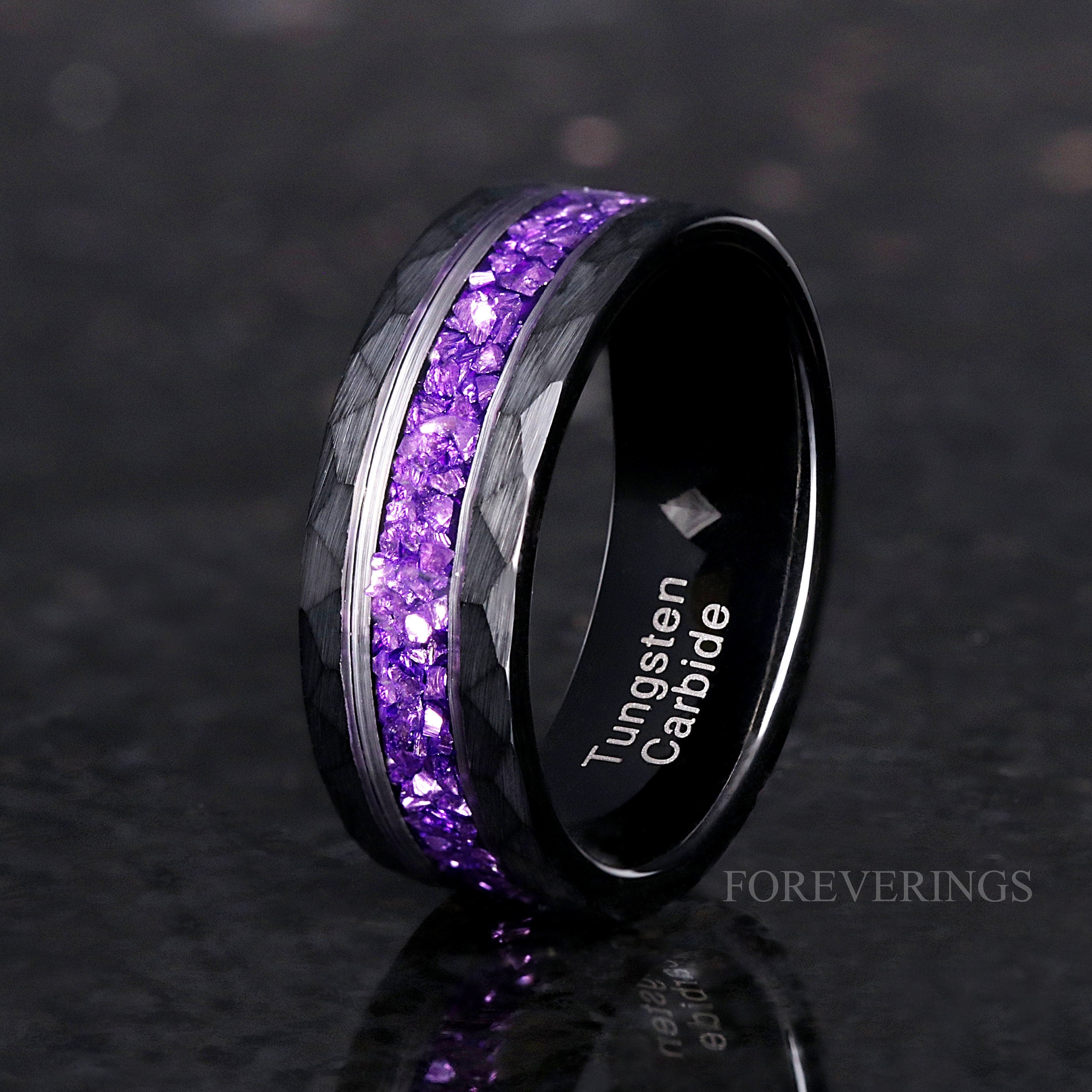 Amethyst Ring for Men – Purple Wedding Band, Black Hammered Tungsten Ring, Durable Comfort Fit Men’s Wedding Band, Unique Anniversary Gift