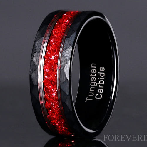 Men's 8mm black hammered tungsten band with crushed ruby inlay, close crop