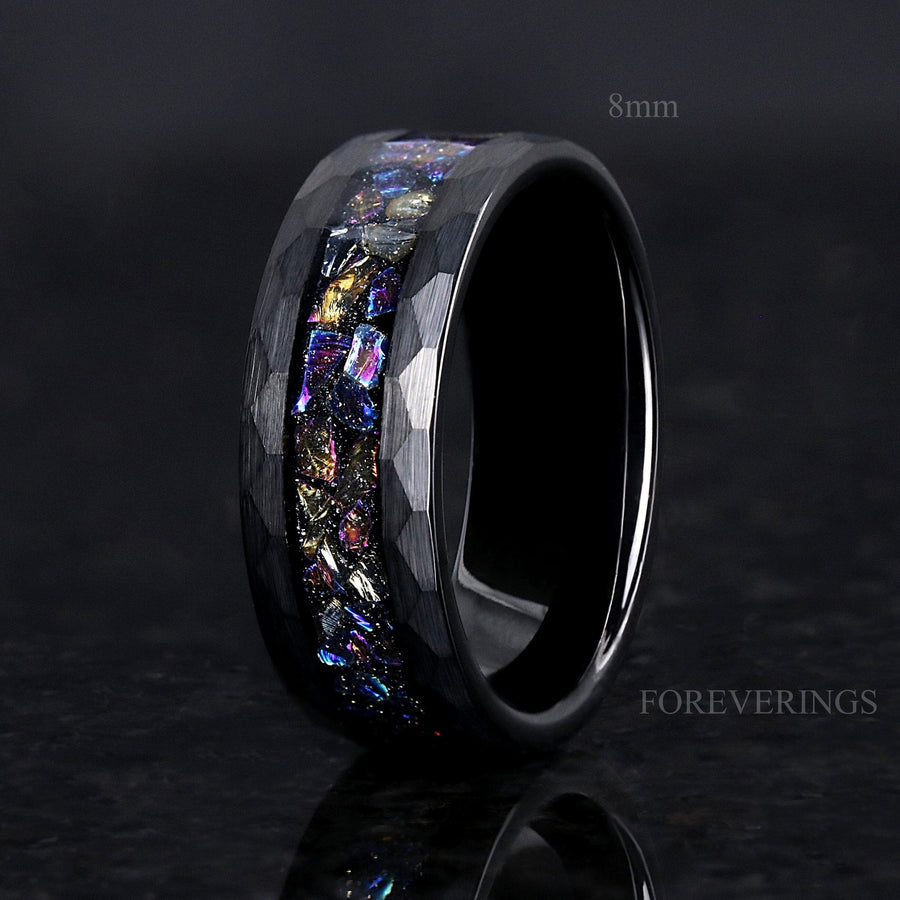 Veil Nebula Ring Black Hammered Tungsten Band, Witch's Broom, Outer Space Ring, 8mm-6mm-4mm Man Woman Wedding Band, Flat, Hammered, Brushed