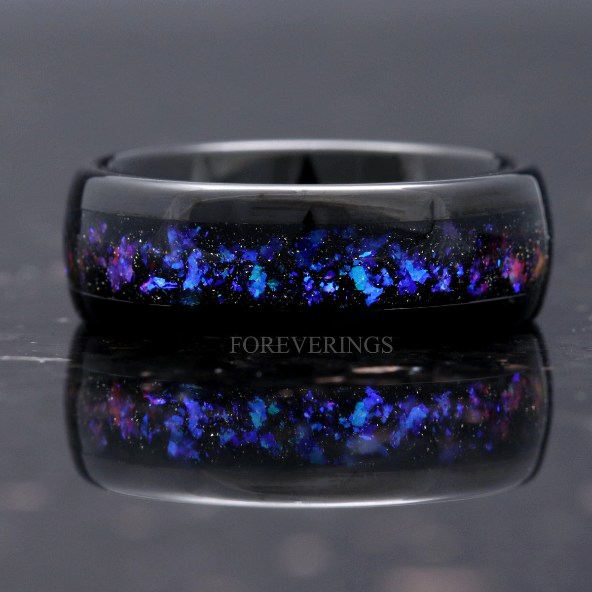 Men's 8mm black tungsten band with nebula sandstone inlay, polished dome, front view