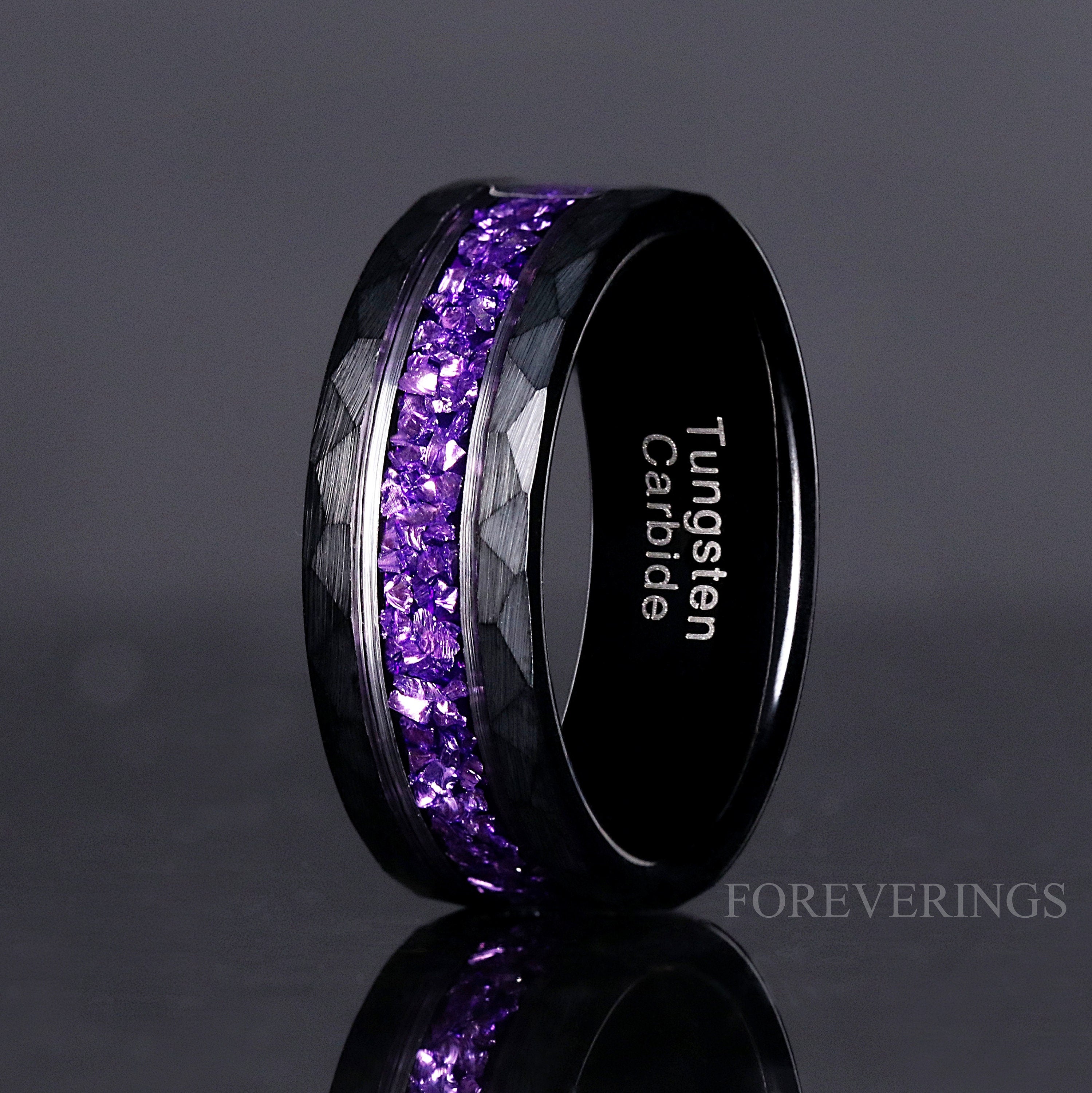 Amethyst Ring for Men – Purple Wedding Band, Black Hammered Tungsten Ring, Durable Comfort Fit Men’s Wedding Band, Unique Anniversary Gift