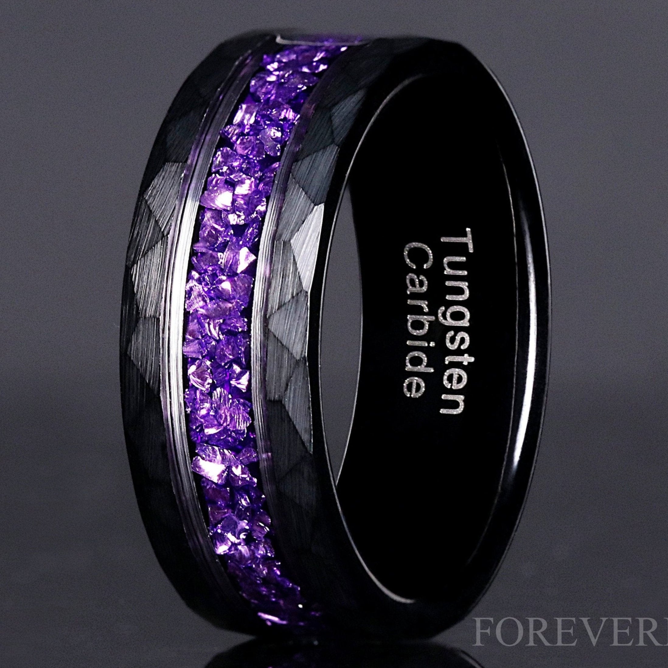 Amethyst Ring for Men – Purple Wedding Band, Black Hammered Tungsten Ring, Durable Comfort Fit Men’s Wedding Band, Unique Anniversary Gift