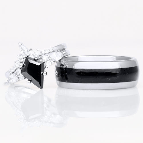 Matching silver couples ring set with black onyx, kite-cut engagement ring and 8mm tungsten band