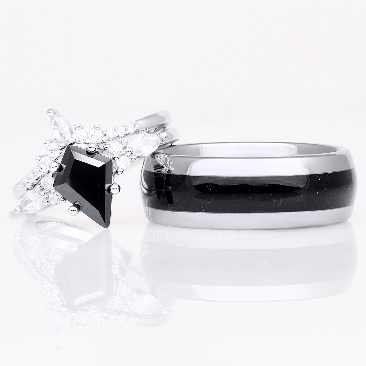 Matching silver couples ring set with black onyx, kite-cut engagement ring and 8mm tungsten band