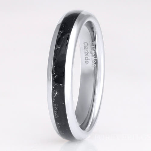 4mm silver tungsten ring with black onyx inlay standing upright, polished dome, close view