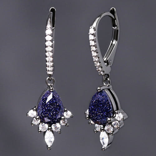 Great Rift blue sandstone dangle earrings in black sterling silver, front and side views