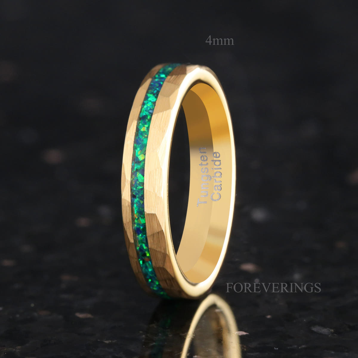 4mm hammered gold tungsten ring with emerald fire opal inlay, side view