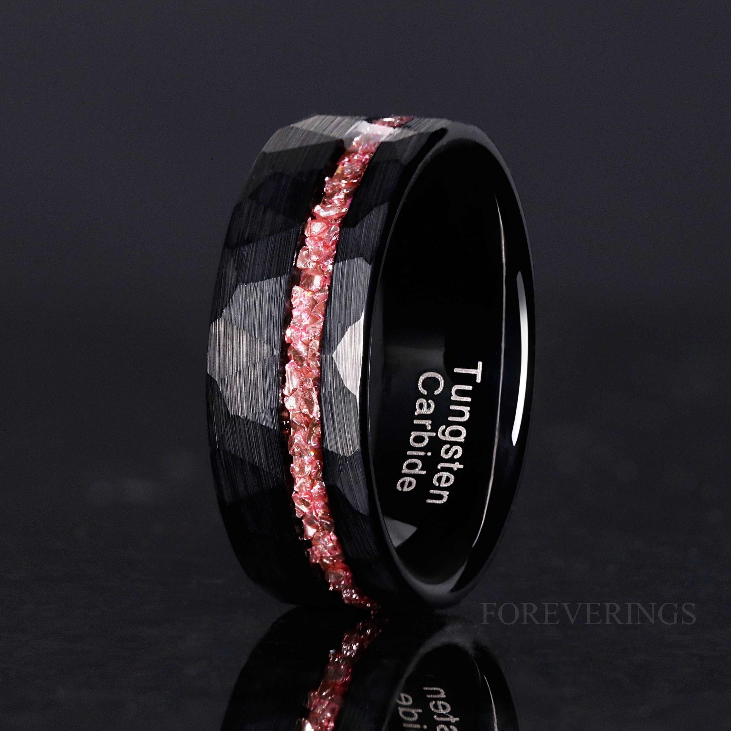 Morganite Black Hammered Tungsten Wedding Band, 8mm Man Engagement Ring, Crushed Morganite Glass Stone, Brushed, Offset Groove, Ring Engrave