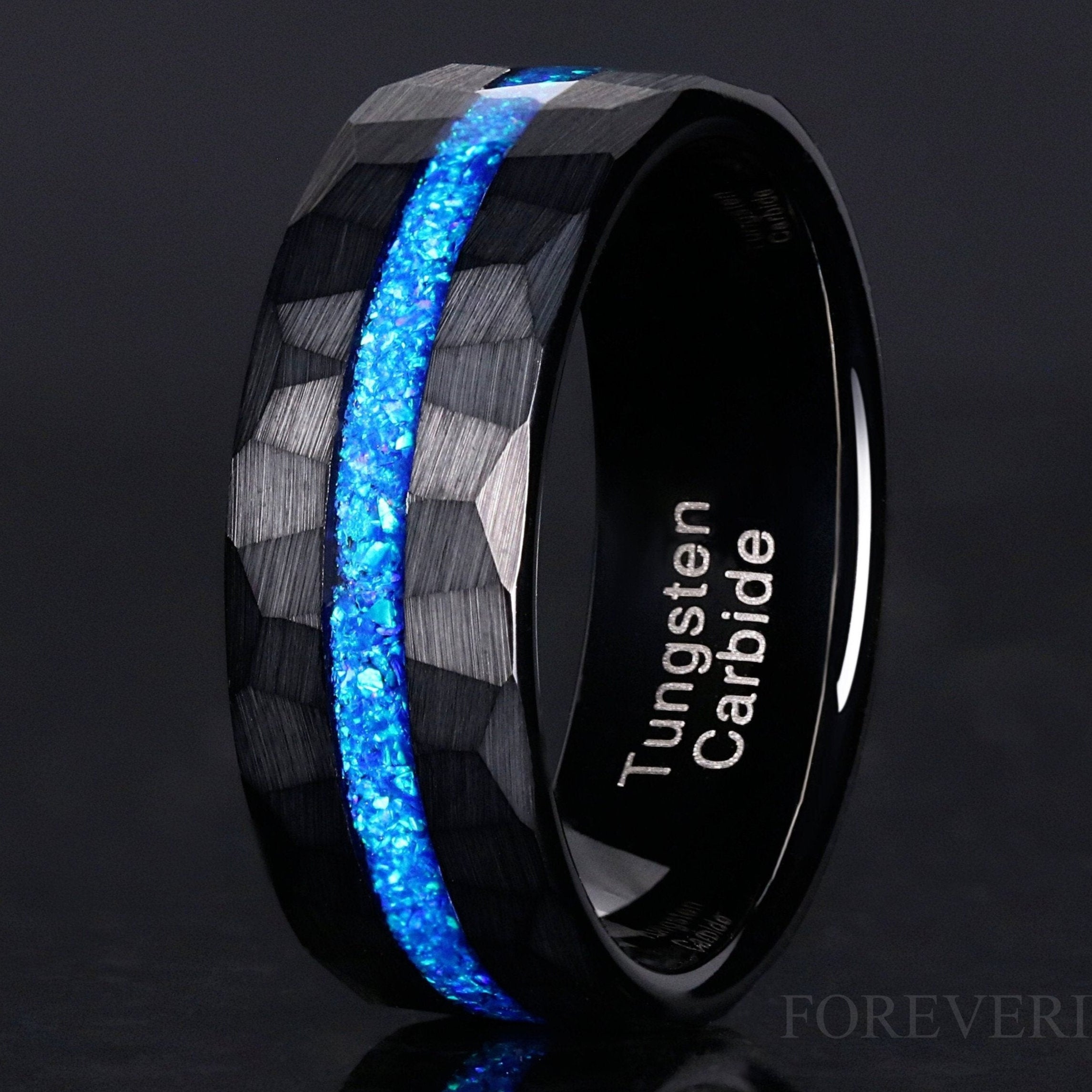 Blue Opal Ring Men, Wedding Band, Black Hammered Ring, Black Tungsten Ring, Matte Brushed, Fire Opal Band, Thin Blue Strip Ring, Engraving