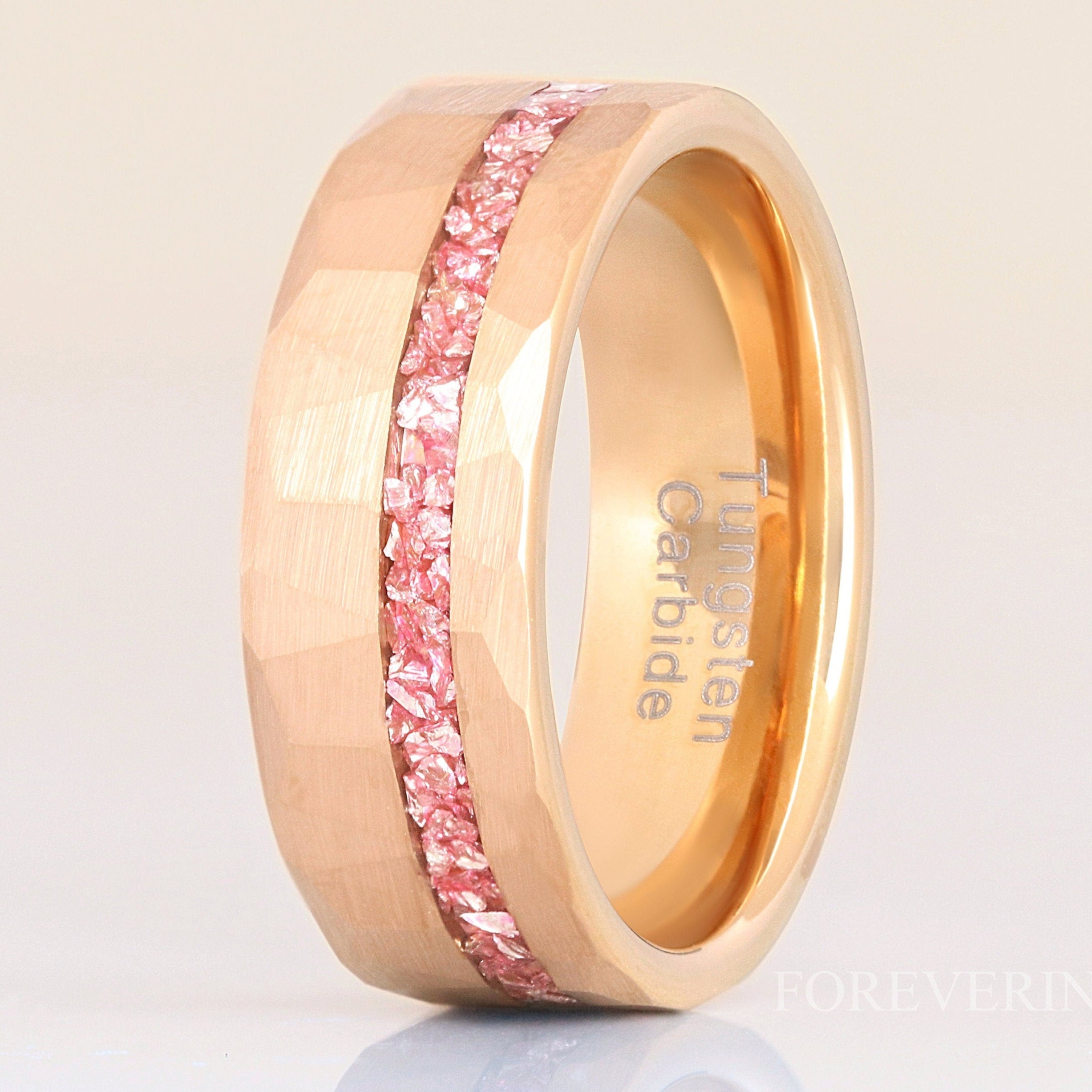 Rose Gold MORGANITE Ring Mens Hammered Tungsten Band, Offset Crushed Morganite Glass Stones, 8mm Man Wedding Band, Matte Brush, Ring Engrave