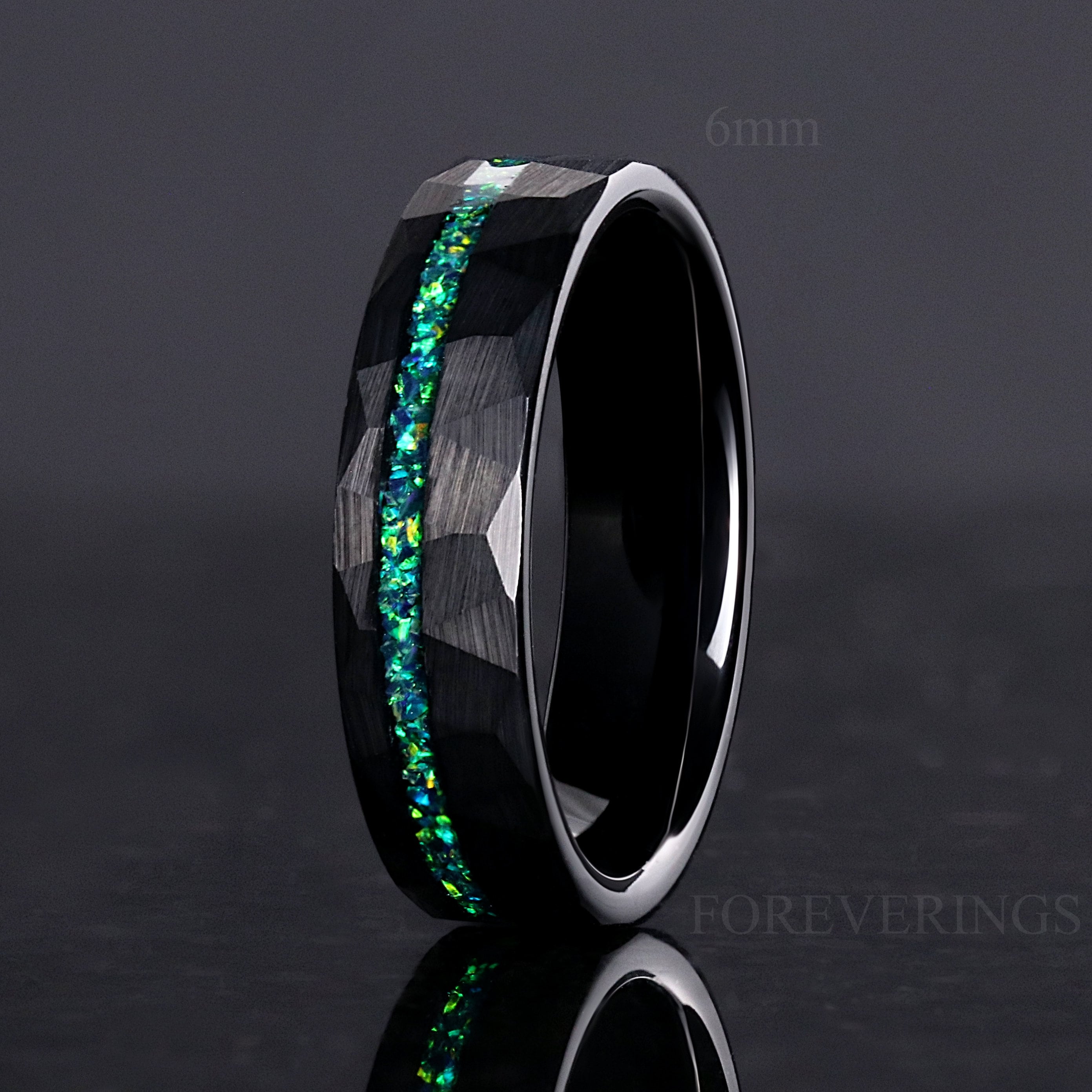 Man Emerald Opal Ring, Hammer Wedding Band, 8mm 6mm Green Ring, Fire Opal, Black Tungsten Ring, Anniversary Gift, Brush, Flat, Ring, Engrave