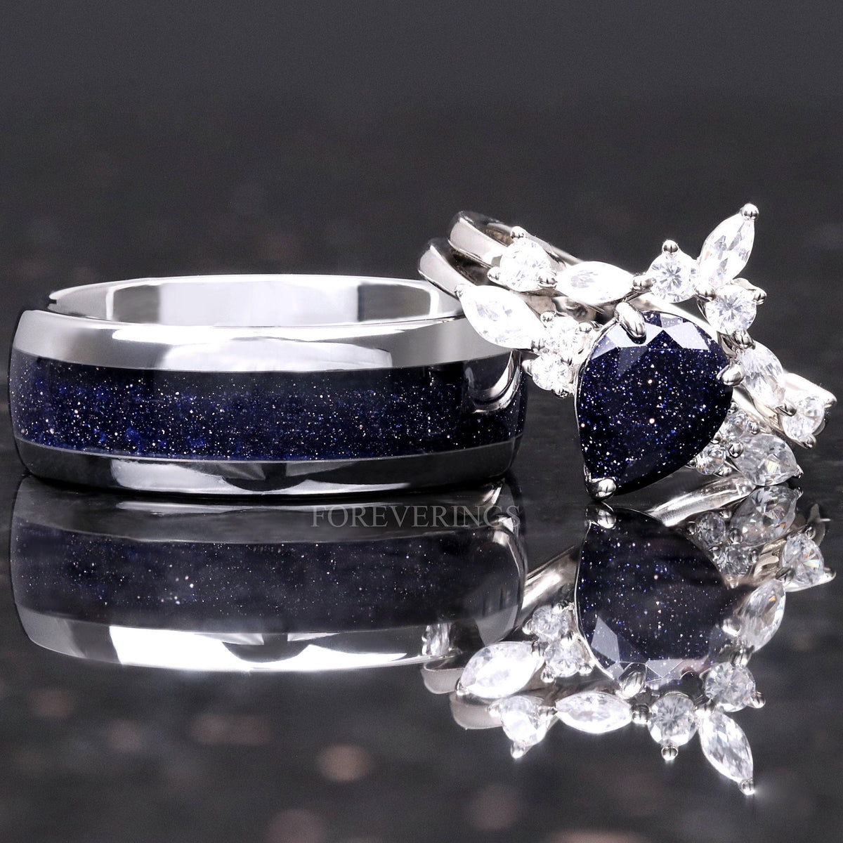Matching silver couples ring set with 8mm tungsten band and pear blue sandstone engagement ring