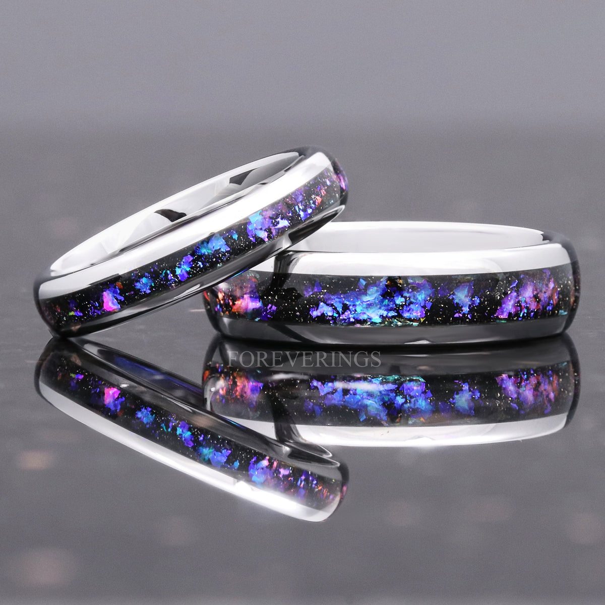 Matching silver tungsten couples ring set with Orion nebula sandstone inlay, 6mm and 4mm