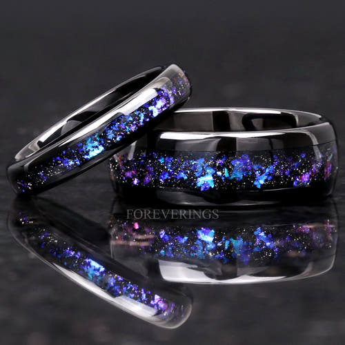 Matching black tungsten couples ring set with Orion nebula sandstone inlay, 8mm and 4mm