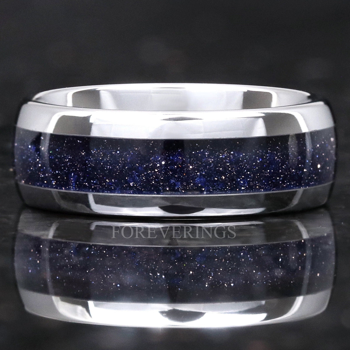 8mm silver tungsten wedding band with Great Rift blue sandstone inlay, shown straight on