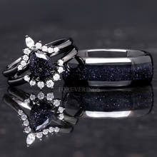 Great Rift Nebula Ring Set, His and Her Wedding Band, Black Ring, Space Couple Ring, Black Tungsten and 925 Sterling Silver, Blue Sandstone