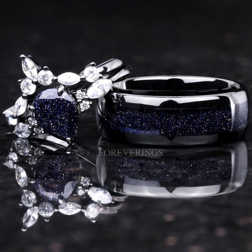 Matching black couples ring set with blue sandstone, pear-cut engagement ring and 8mm tungsten band