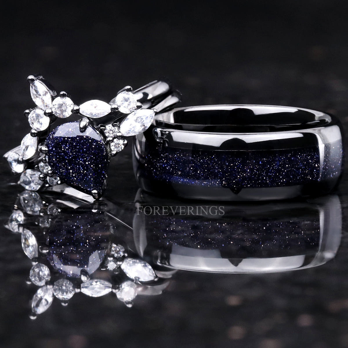 Matching black couples ring set with blue sandstone, pear-cut engagement ring and 8mm tungsten band