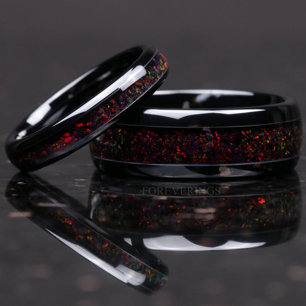 Matching black ceramic couples ring set with black fire opal inlay, 8mm and 4mm