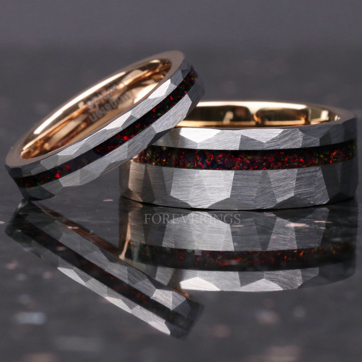 Matching hammered silver and rose gold tungsten couples ring set with black fire opal inlay, 8mm and 4mm