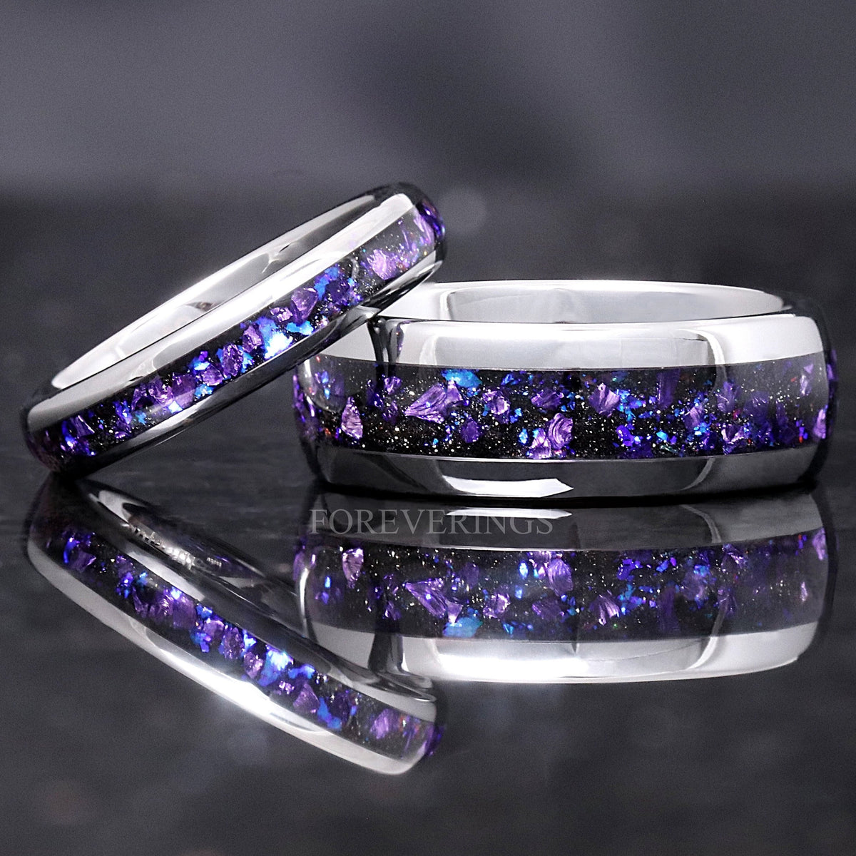 Matching silver tungsten couples ring set with Crab nebula alexandrite and purple sandstone inlay, 8mm and 4mm