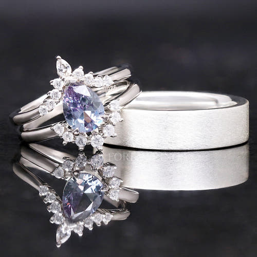 Matching sterling silver couples ring set with a pear cut alexandrite ring and 6mm matte band