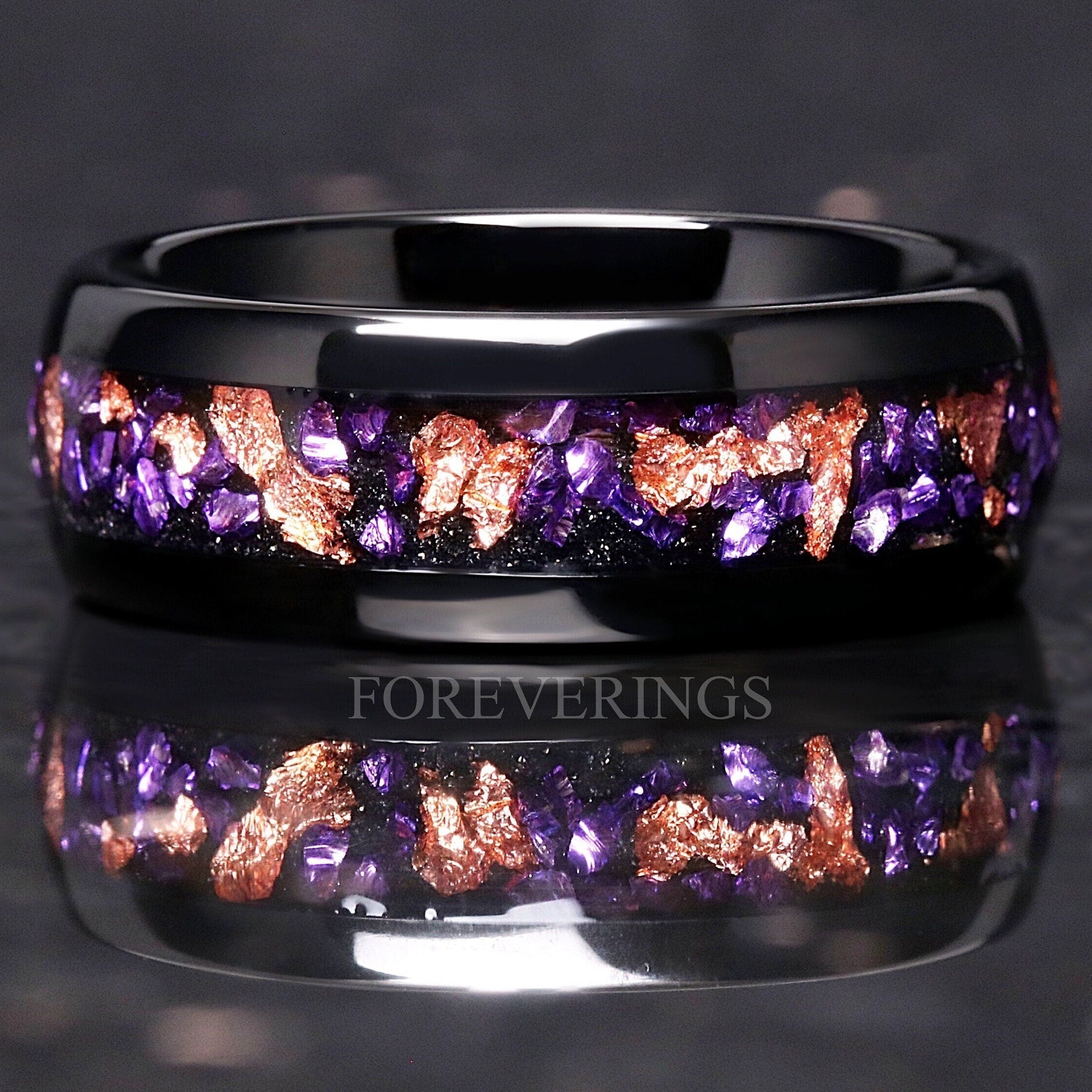 Amethyst Mens Wedding Band, Purple Ring, Black Tungsten Ring, Mens Engagement Ring, Rose Gold Foil, Dome Polish, Comfort Fit Ring for Him