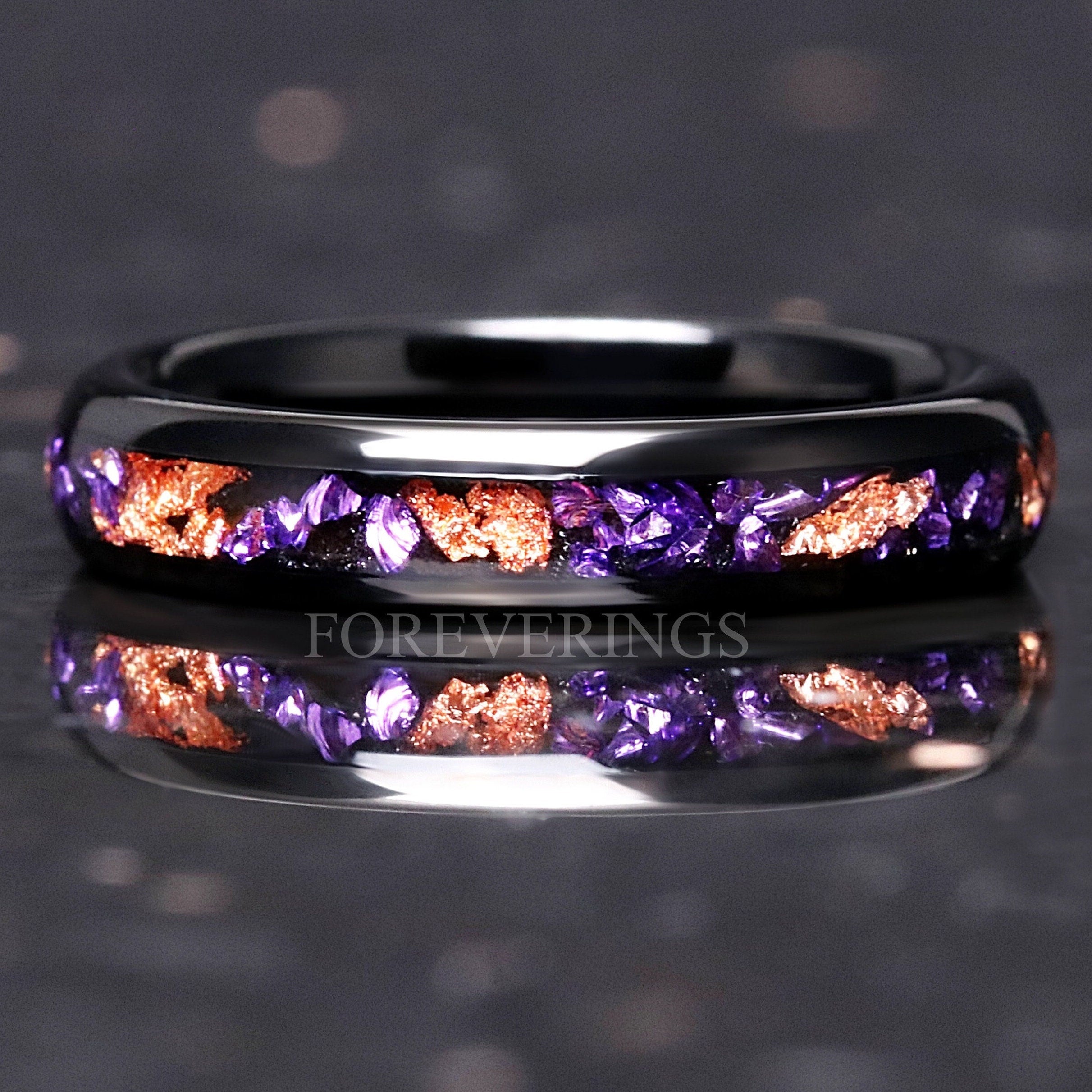 Purple Amethyst Wedding Band, Black Tungsten Ring with Gold Foil, 4mm Dome Comfort Fit, Polished Purple Ring for Women or Men, Unique Gift