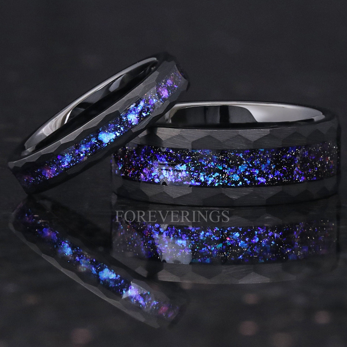 Matching hammered black tungsten couples ring set with Orion nebula sandstone inlay, 8mm and 4mm
