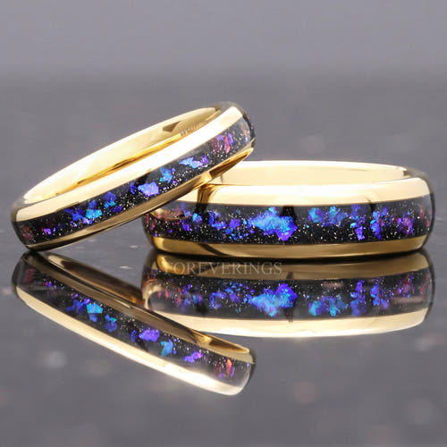 Matching gold tungsten couples ring set with Orion nebula sandstone inlay, 6mm and 4mm