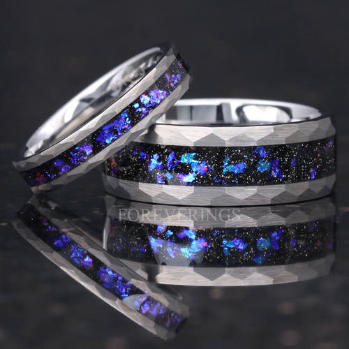 Matching hammered silver tungsten couples ring set with Orion nebula sandstone inlay, 8mm and 4mm