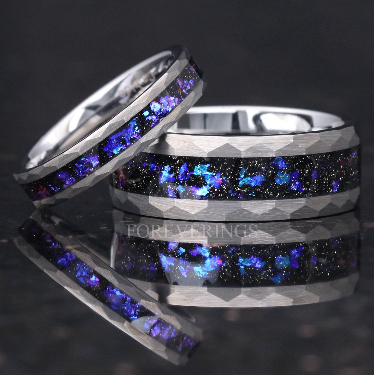 Matching hammered silver tungsten couples ring set with Orion nebula sandstone inlay, 8mm and 4mm