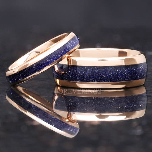 Matching rose gold tungsten couples ring set with Great Rift blue sandstone inlay, 8mm and 4mm