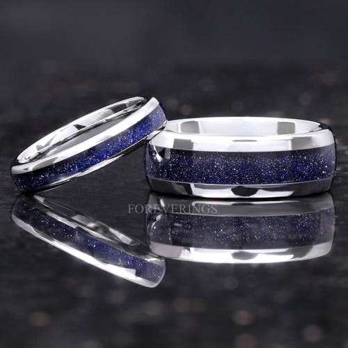 Matching silver tungsten couples ring set with Great Rift blue sandstone inlay, 8mm and 4mm