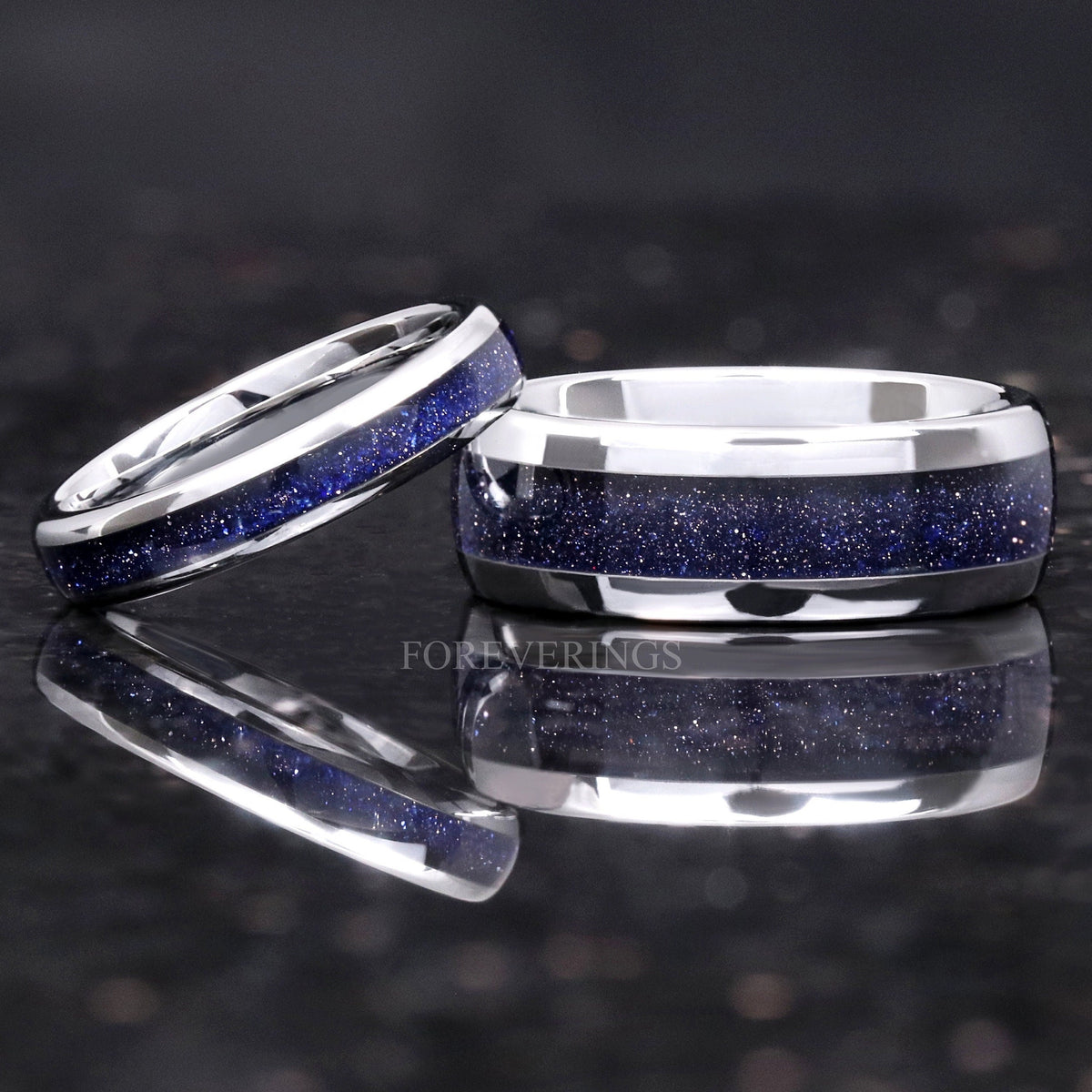 Matching silver tungsten couples ring set with Great Rift blue sandstone inlay, 8mm and 4mm