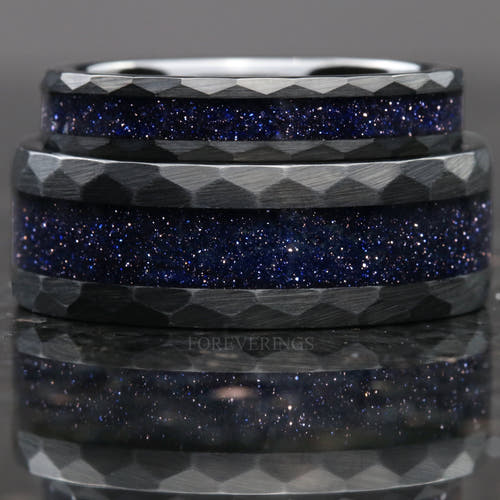 Matching hammered black tungsten couples ring set with blue sandstone inlay, 8mm and 4mm stacked