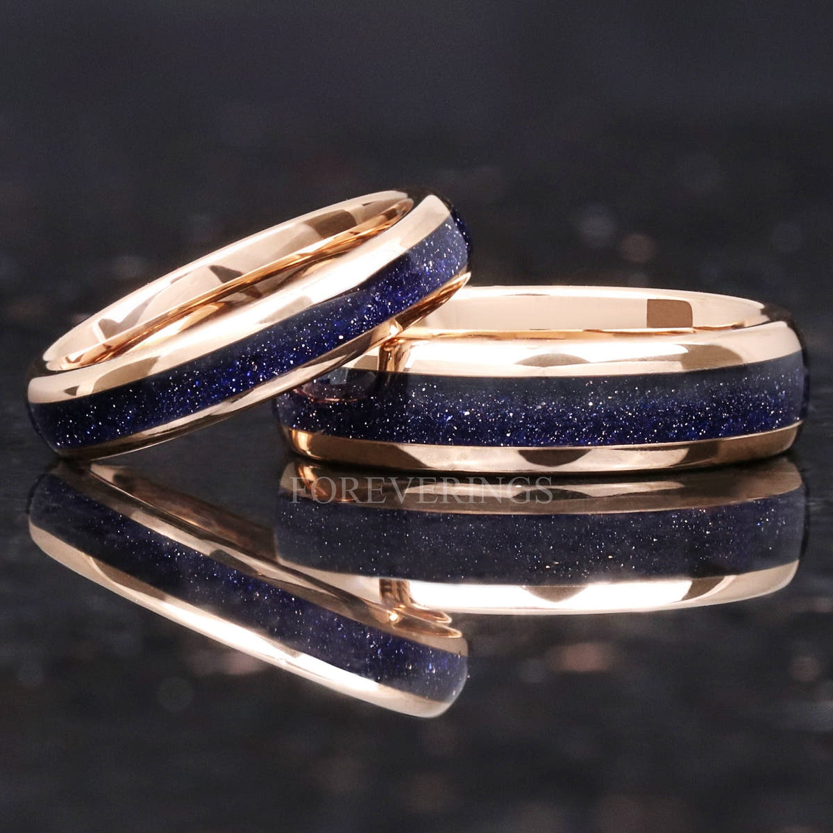 Matching rose gold tungsten couples ring set with blue sandstone inlay, 6mm and 4mm