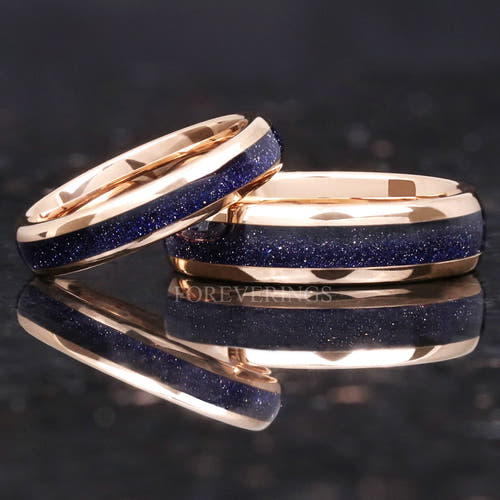 Matching rose gold tungsten couples ring set with blue sandstone inlay, 6mm and 4mm