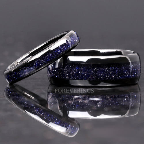 Matching black tungsten couples ring set with blue sandstone inlay, 8mm and 4mm