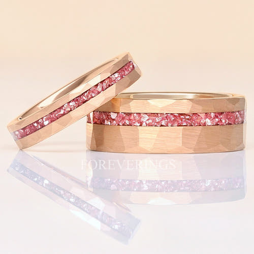 Matching hammered rose gold tungsten couples ring set with crushed morganite inlay, 8mm and 4mm
