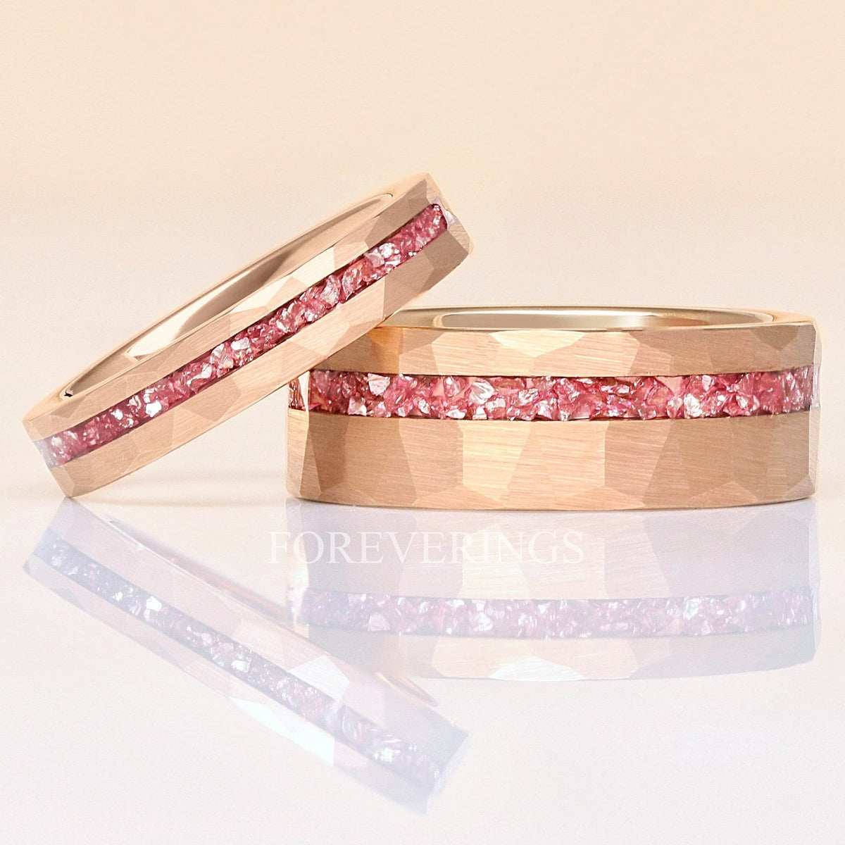 Matching hammered rose gold tungsten couples ring set with crushed morganite inlay, 8mm and 4mm