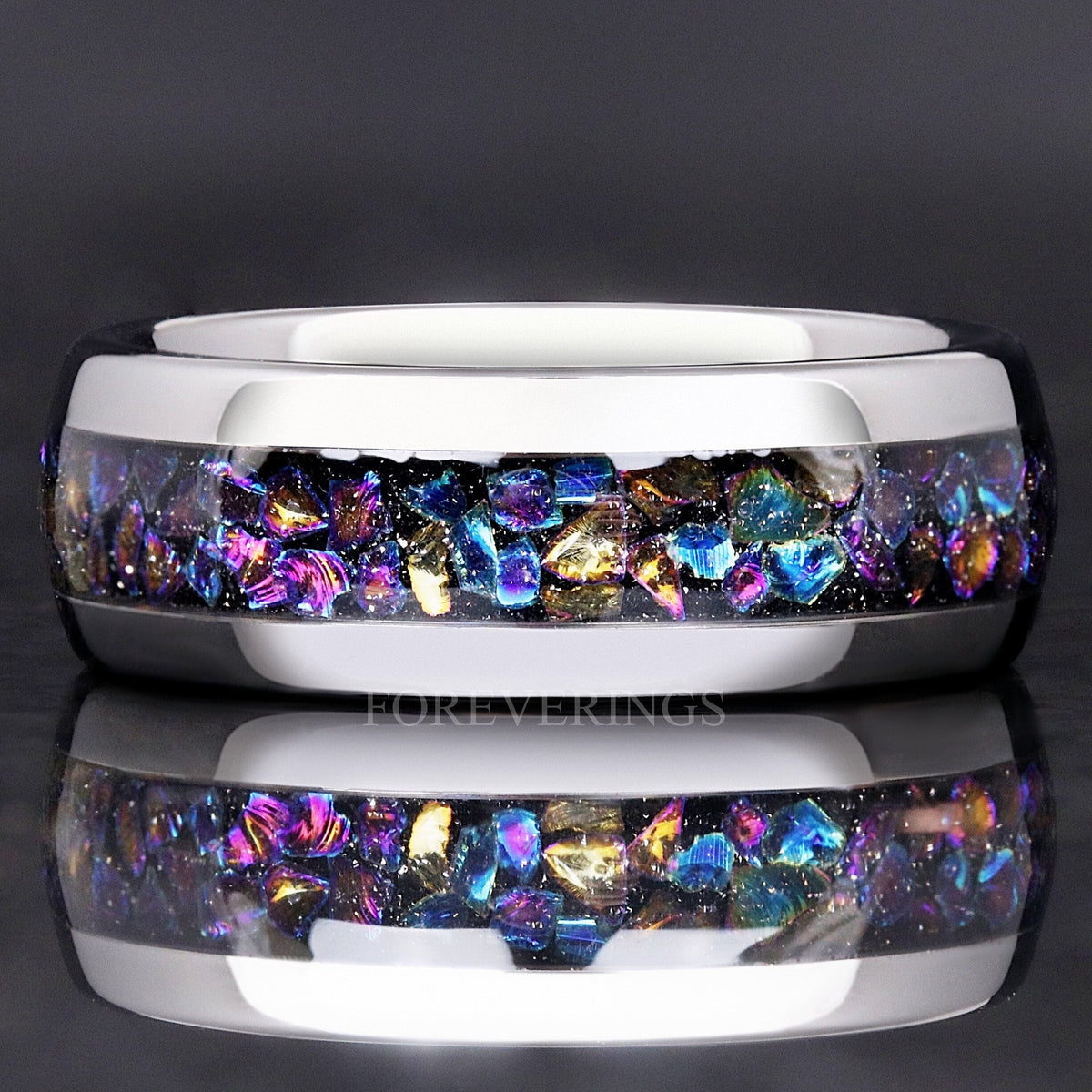 Silver tungsten Veil nebula ring with iridescent moonstone inlay, shown straight on