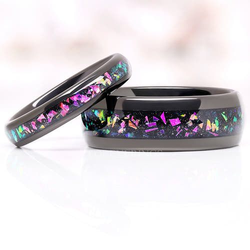 Matching black tungsten couples ring set with multicolor supernova inlay, 8mm and 4mm
